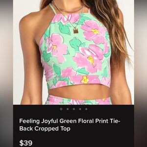 Lulus Mint Green Floral Print Tie Back Crop Top *Brand New*